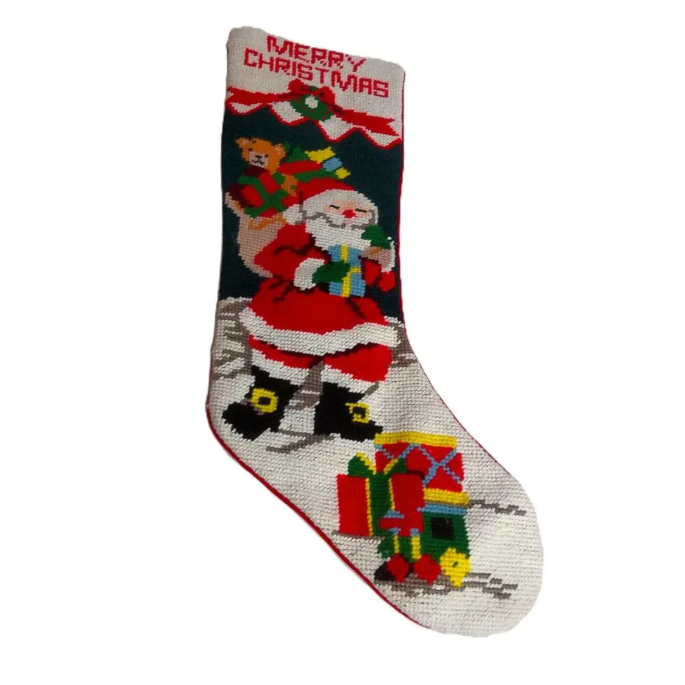 Vintage Needlepoint Christmas Stockings Santa & Snowman Set